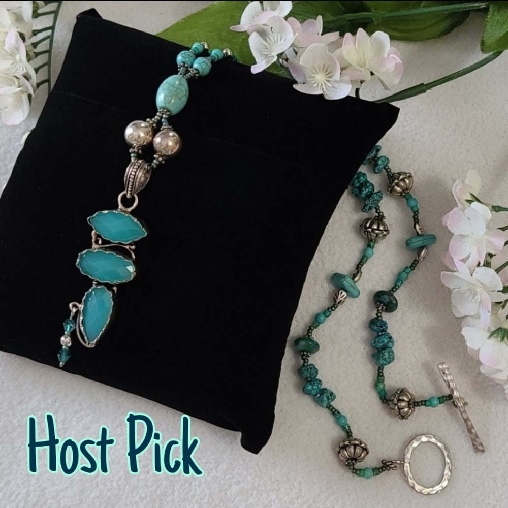 Handcrafted Necklace Unique Design Turquoise Stone Beads Silvertone Toggle Clasp - Picture 2 of 13